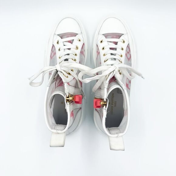 Louis Vuitton Stellar Sneaker Boot 37, 7 White Pink Monogram Mesh High Top - Picture 4 of 13